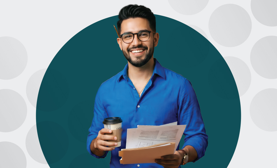 Man holding coffee cup and folders