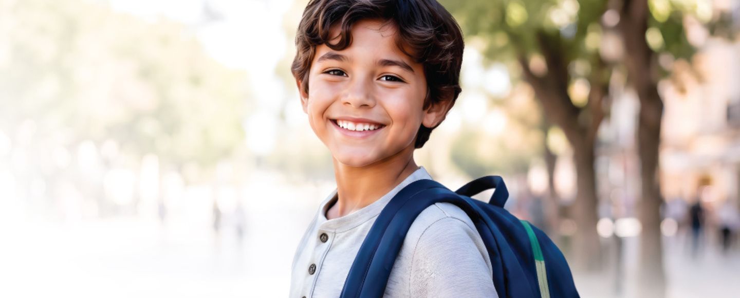 Young child with backpack outside under trees