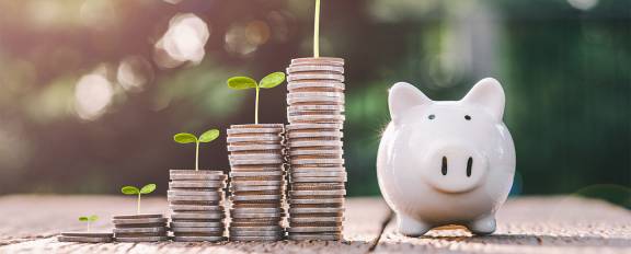 Coin stack growing with piggy bank