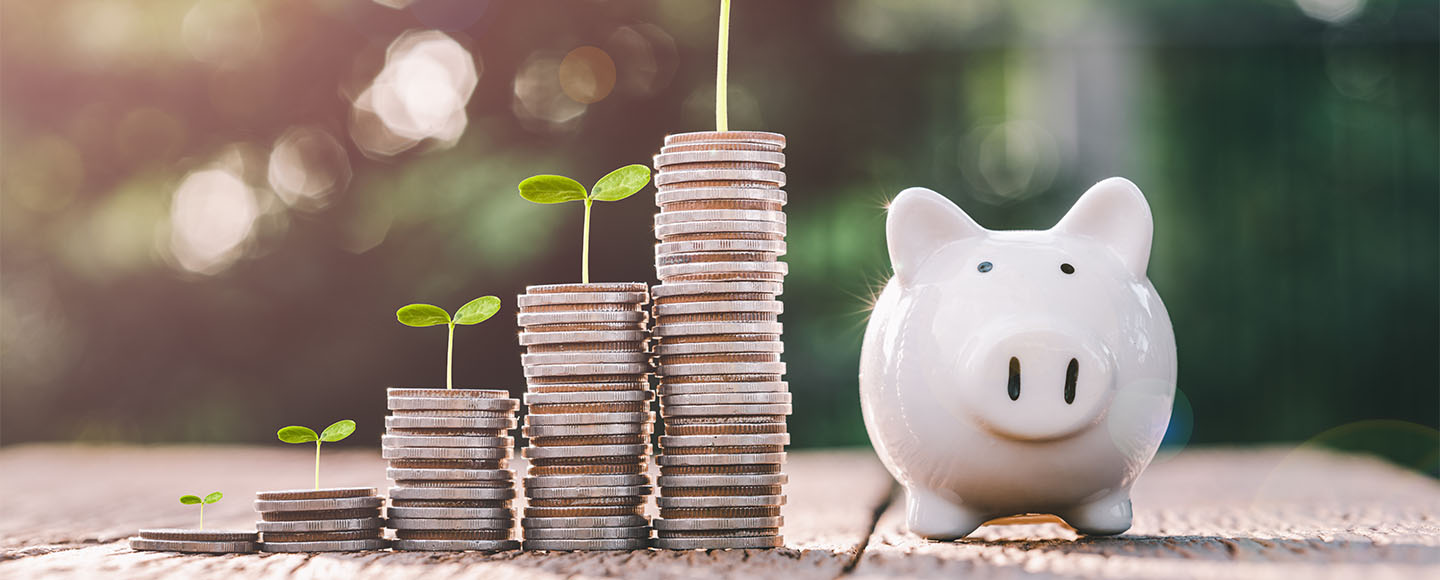 Coin stack growing with piggy bank